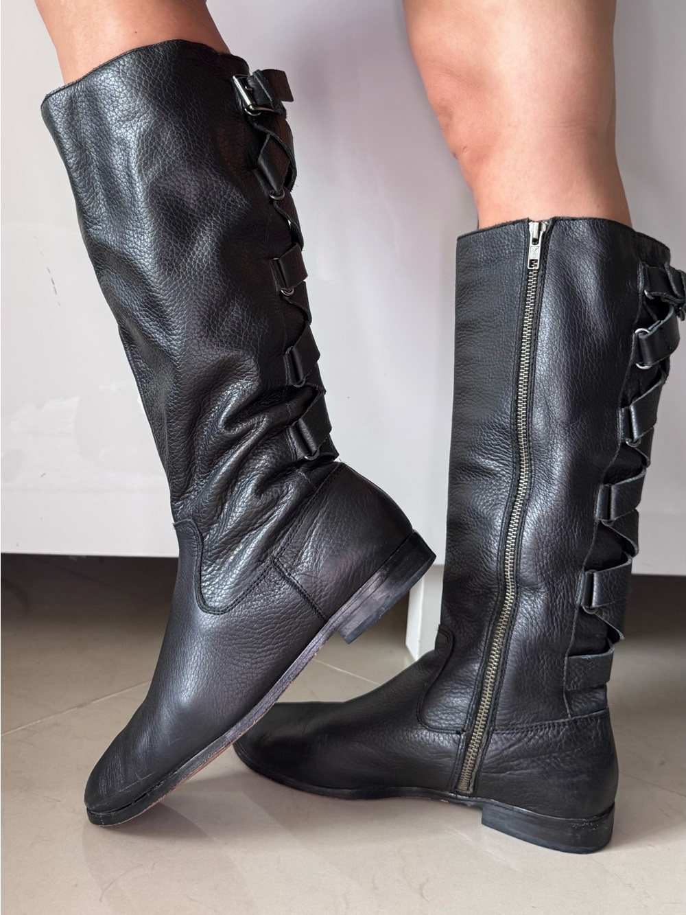 Cynthia Vincent Black Knee-High Leather Boots with Buckle Detail